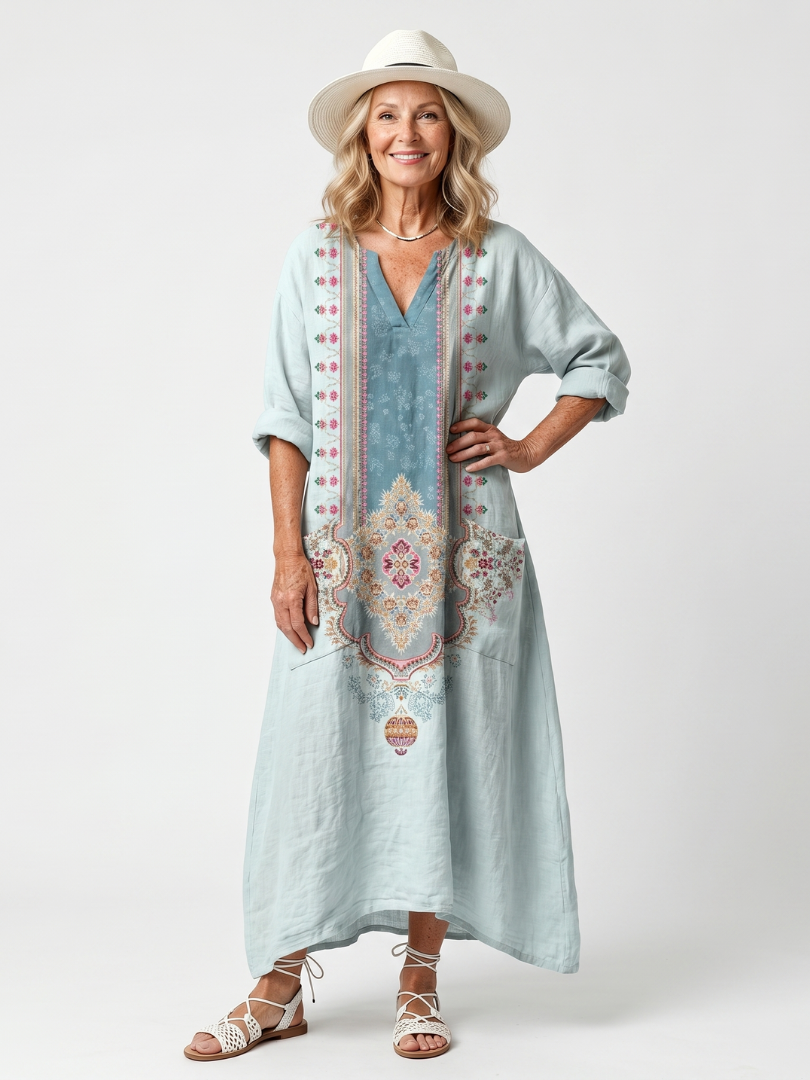 Kassiani | Broderet oversize midikjole med ornamenteret panel og lommer