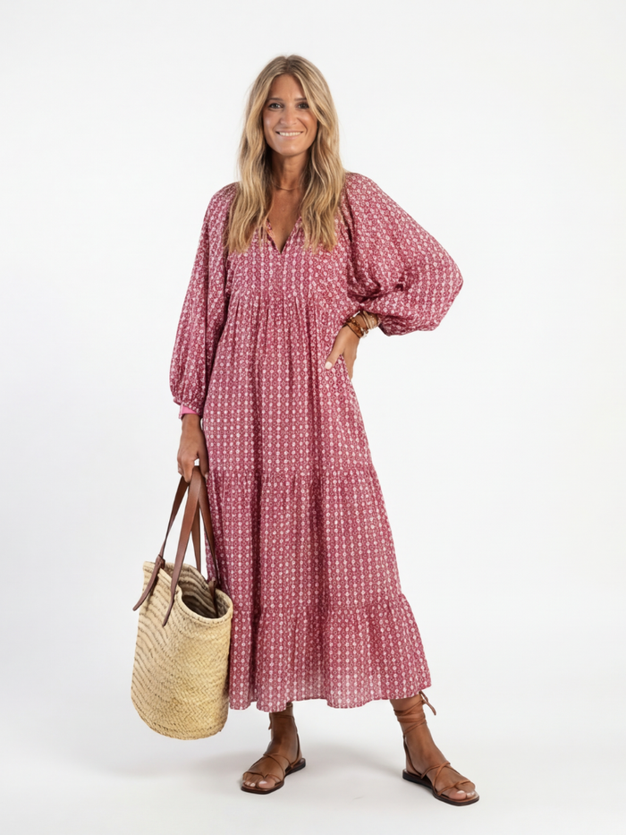Arlette | Midikjole med geometrisk print og lange ærmer
