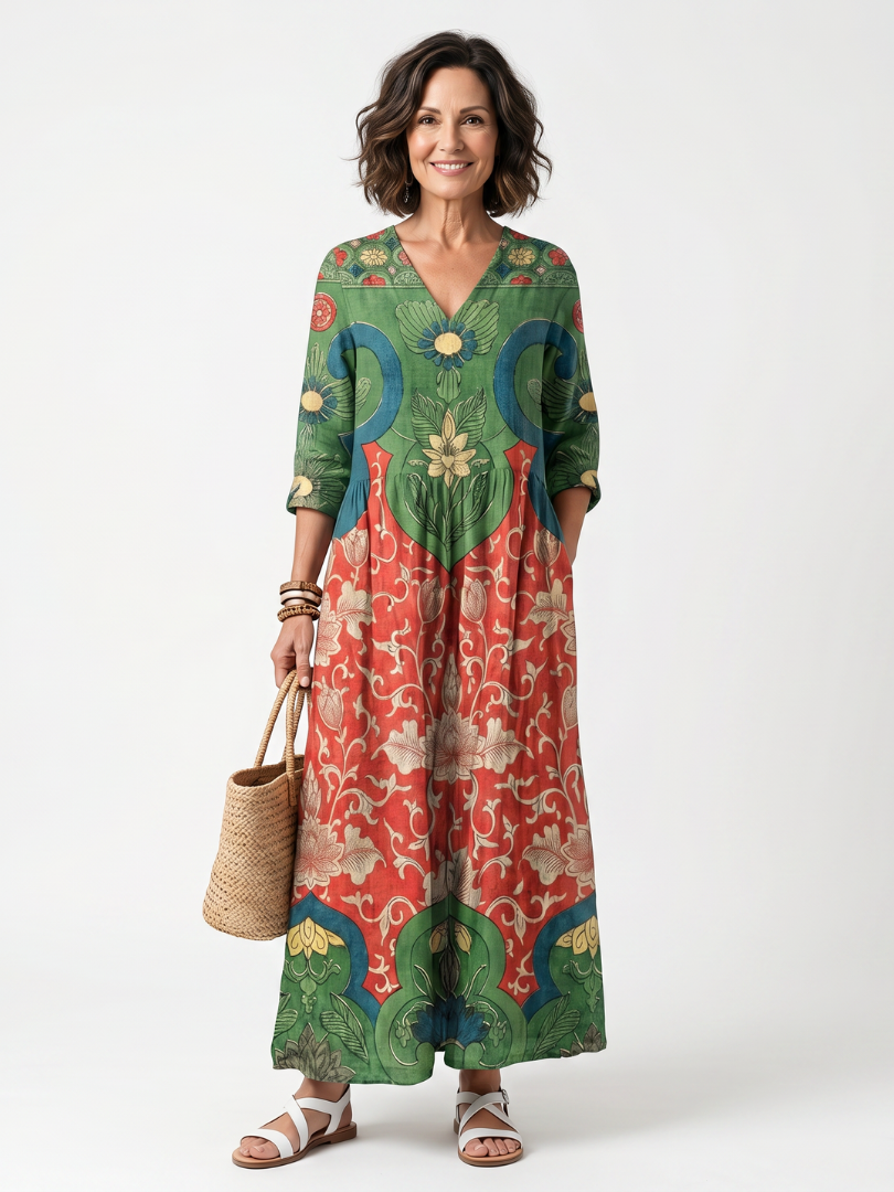 Sloane | Midikjole med blandet print, V-hals og lommer