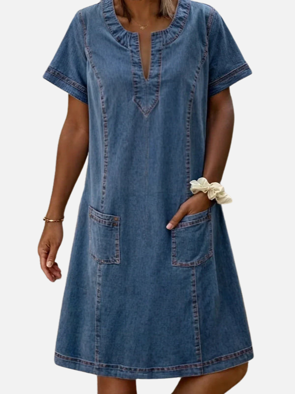 Helle | Kortærmet Denimkjole med Lommer
