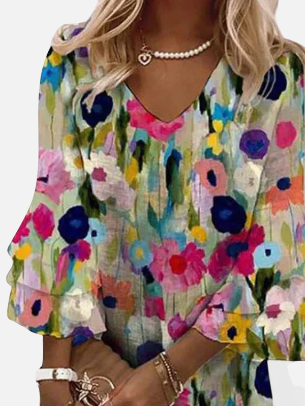 Marianne | Blomstret Bluse med V-Hals