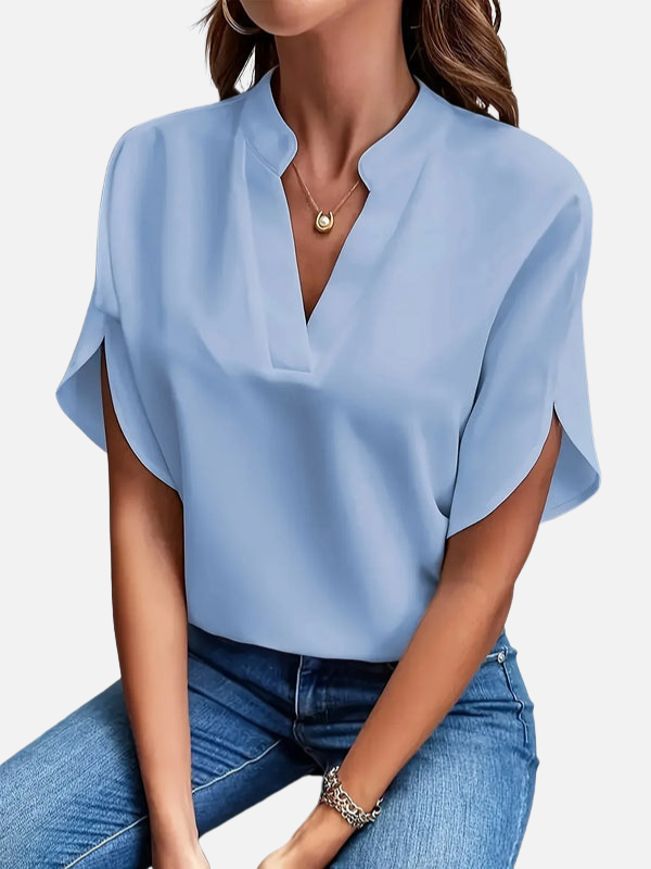 Karen | Elegant V-Hals Bluse med Korte Ærmer