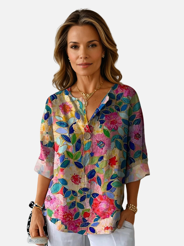 Susanne | Farverig Blomstret V-Hals Bluse