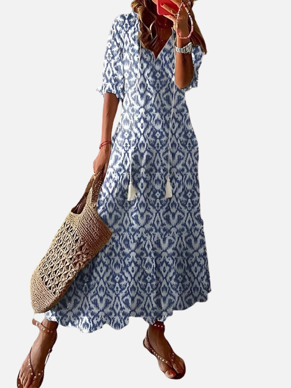 Ida | Mønstret Maxikjole med V-Hals, Boho Sommer