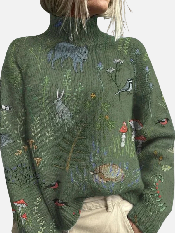 Anna | Mønstret Rullekrave Sweater med Skovmotiv