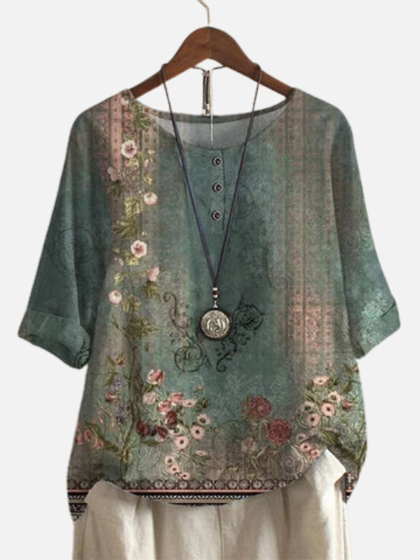 Karen | Retro Blomstret Bluse med Rund Hals