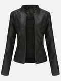Pia | Slank Bikerjakke i Læder-look med Ståkrave