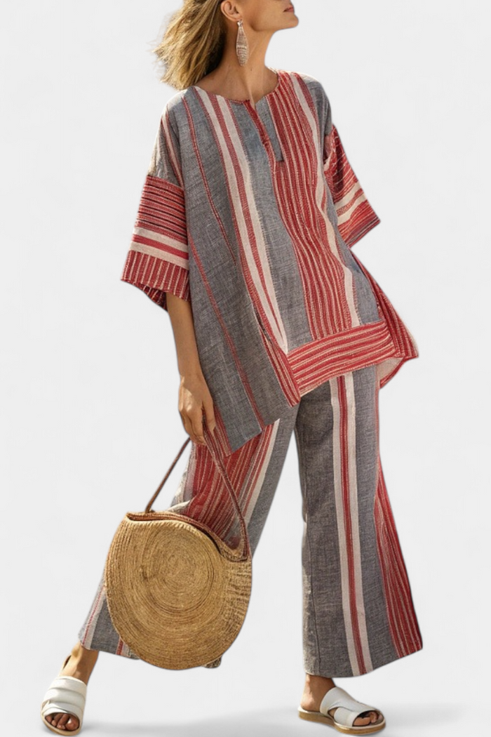 Susanne | Stribet Linned Sæt – Bluse & Vide Bukser