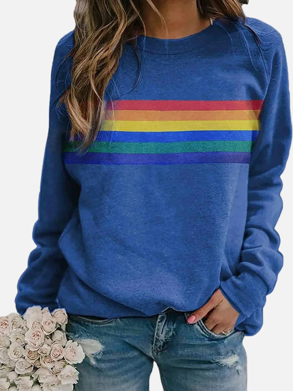 Helle | Sweatshirt med Regnbuestriber, Rund Hals