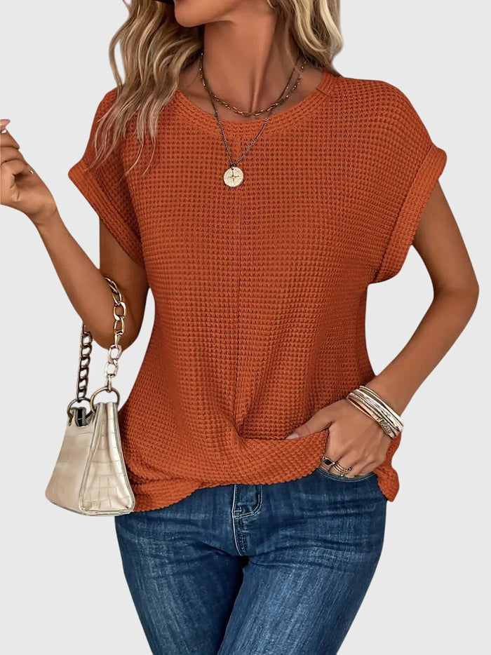 Pia | Vaffelstrik Bluse med Rund Hals