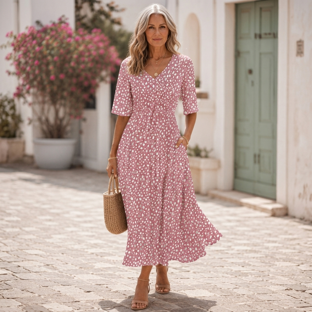 Johanne | Elegant Midikjole med Mavecamouflerende Design