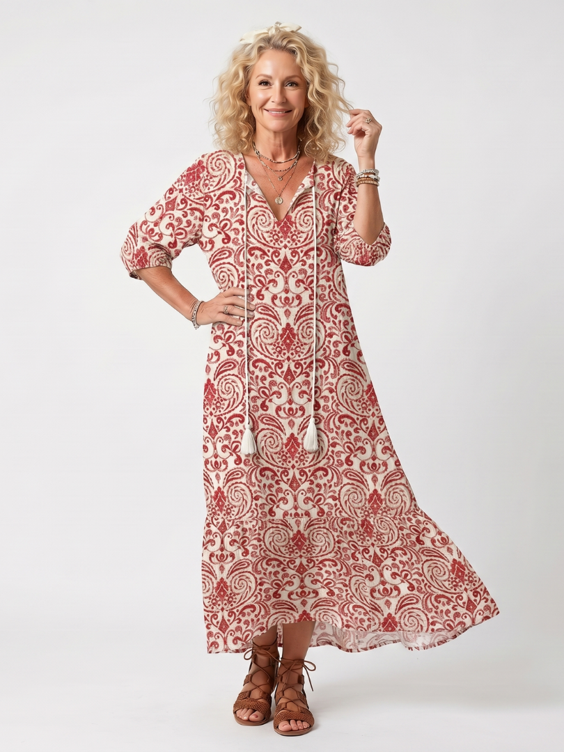 Noelle | Midikjole med ornamenteret print og kvastbånd