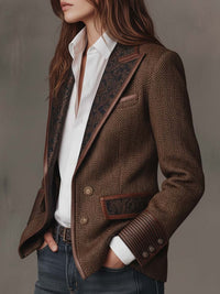 Blazer til kvinder med sildebensmønster og printdetaljer
