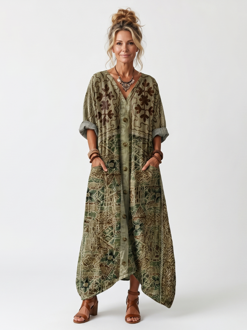 Aleta | Broderet oversize midikjole med knaplukning og lommer