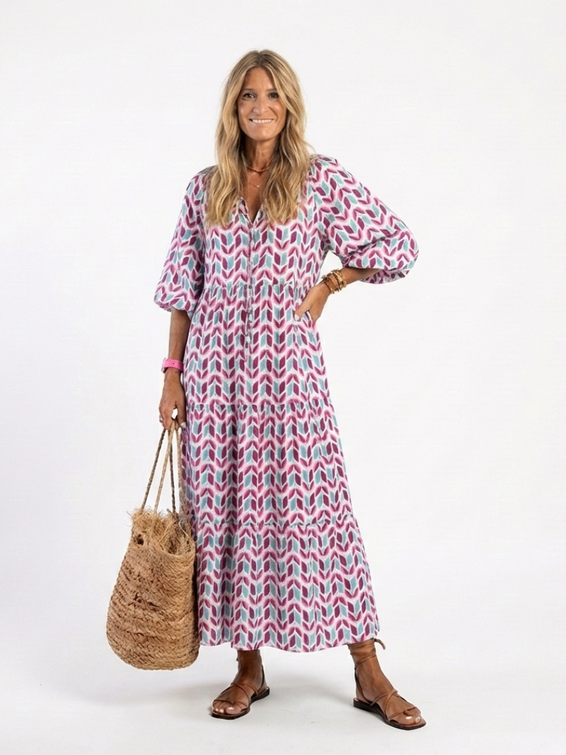 Mireya | Lagdelt midikjole med geometrisk print og lange ærmer