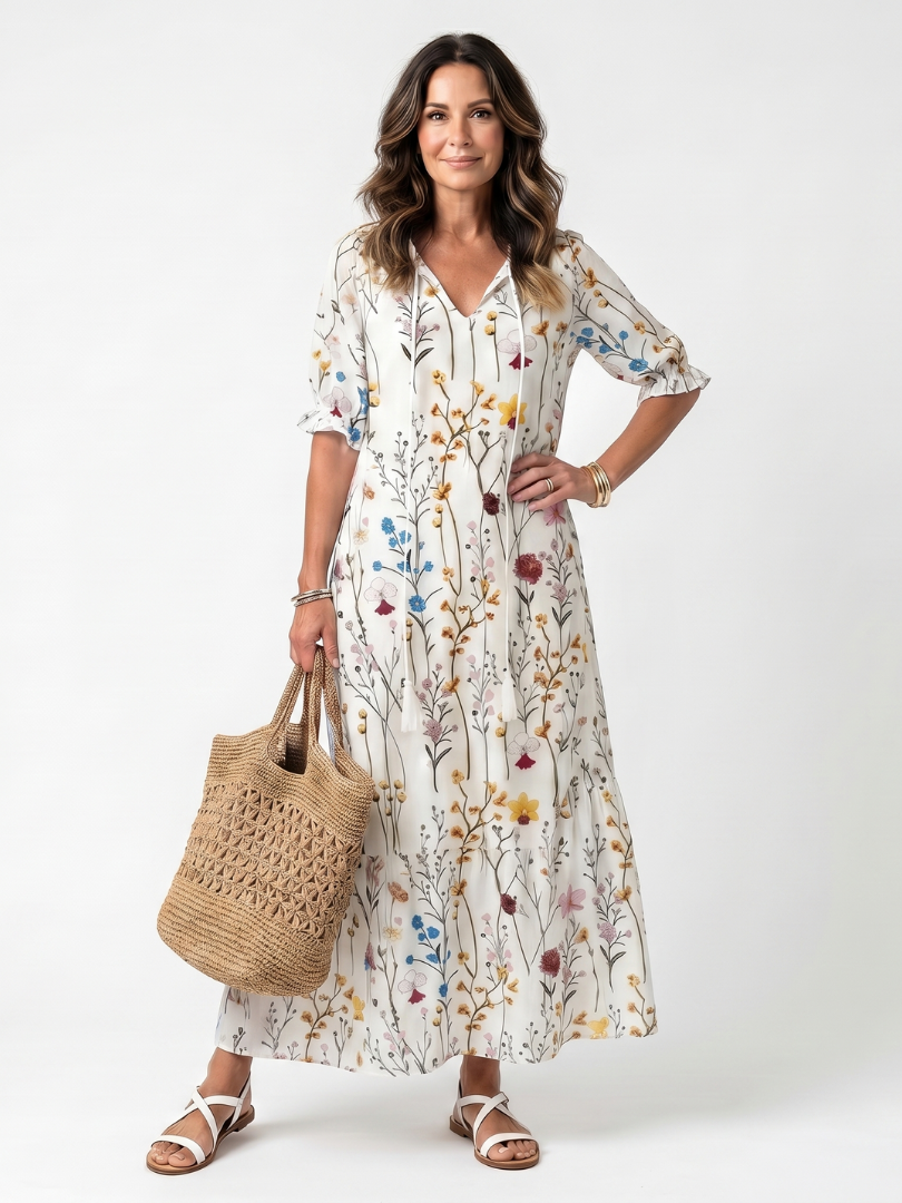 Sylvie | Midikjole med botanisk print og kvastbånd