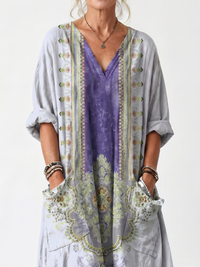 Raina | Broderet oversize midikjole med kontrastpanel og lommer