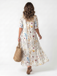 Sylvie | Midikjole med botanisk print og kvastbånd