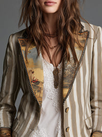 Boho-blazer til kvinder med striber og printet revers