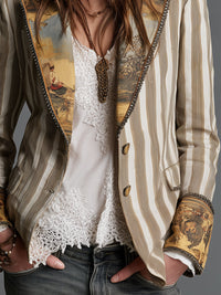 Boho-blazer til kvinder med striber og printet revers