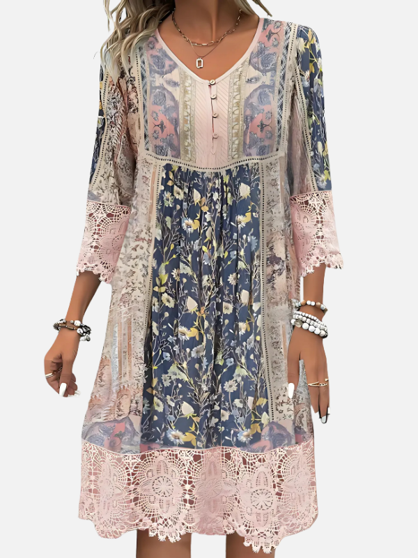 Maria | Blomstret Boho Kjole med Blonder