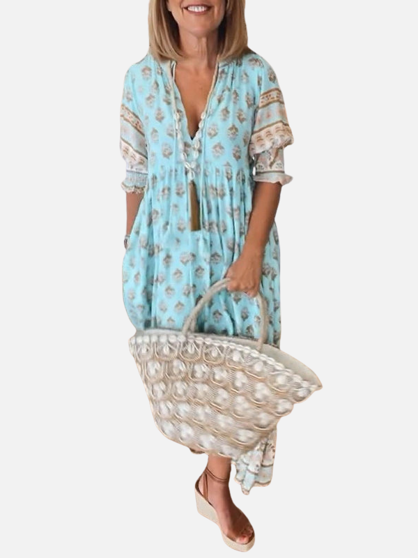 Marianne | Blomstret Boho Kjole med V-Hals