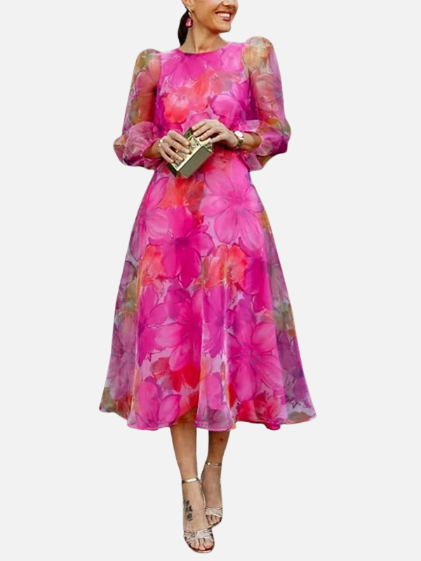 Pia | Blomstret Midikjole med Pufærmer, Elegant