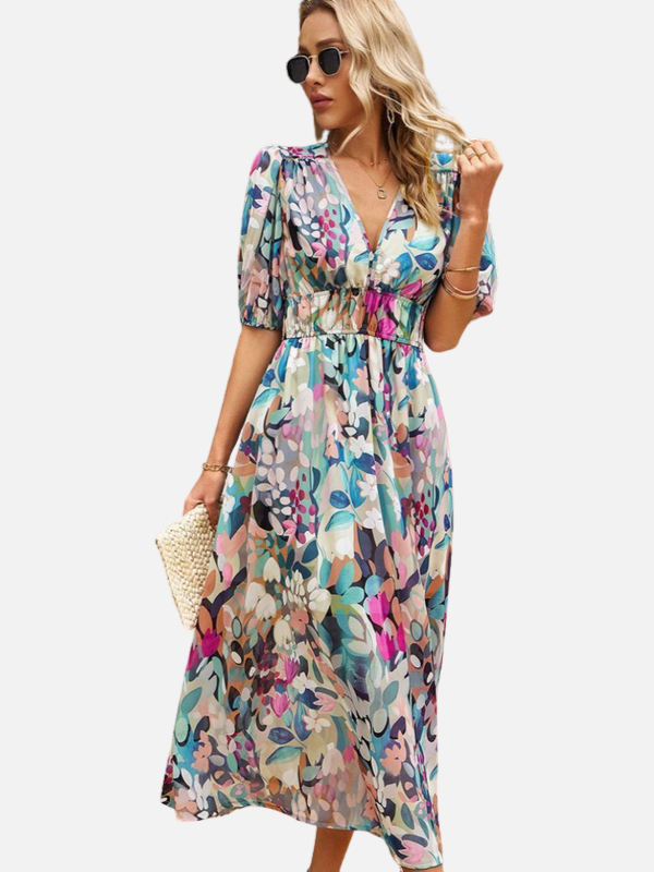 Susanne | Blomstret Midikjole med V-Hals, Sommer