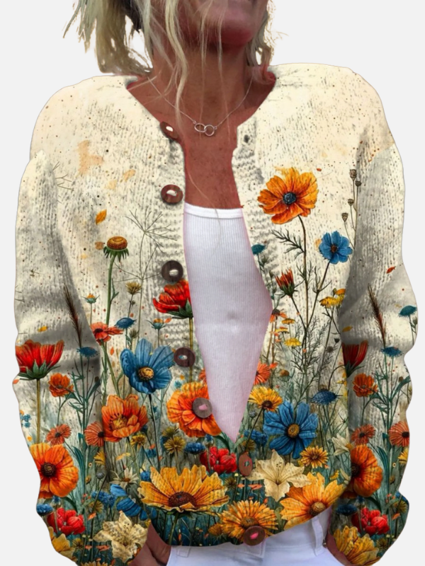 Kirsten | Blomstret Strikcardigan med Blomstereng
