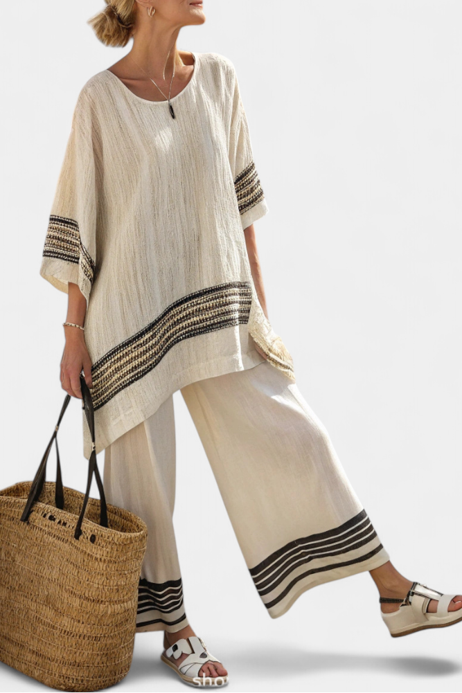 Line | Creme Hørsæt med Stribet Bort, Boho