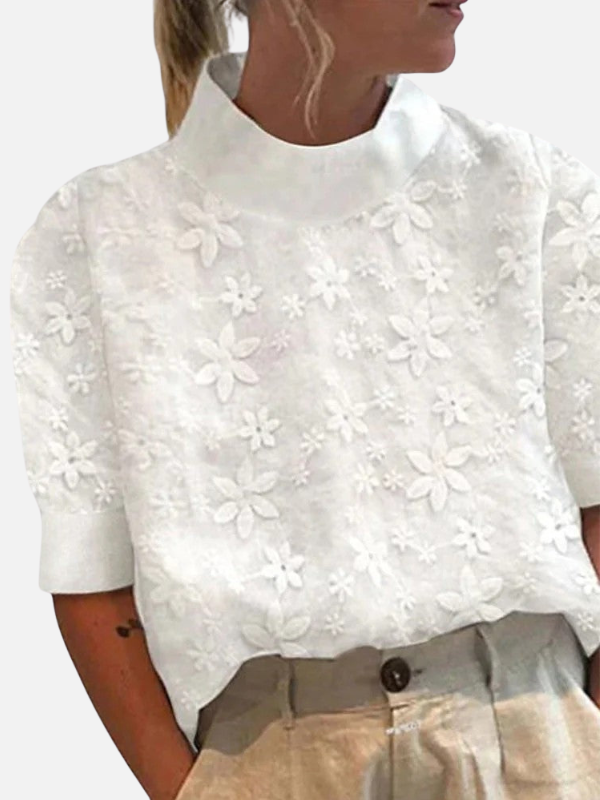 Karen | Elegant Hvid Broderet Bluse med Ståkrave