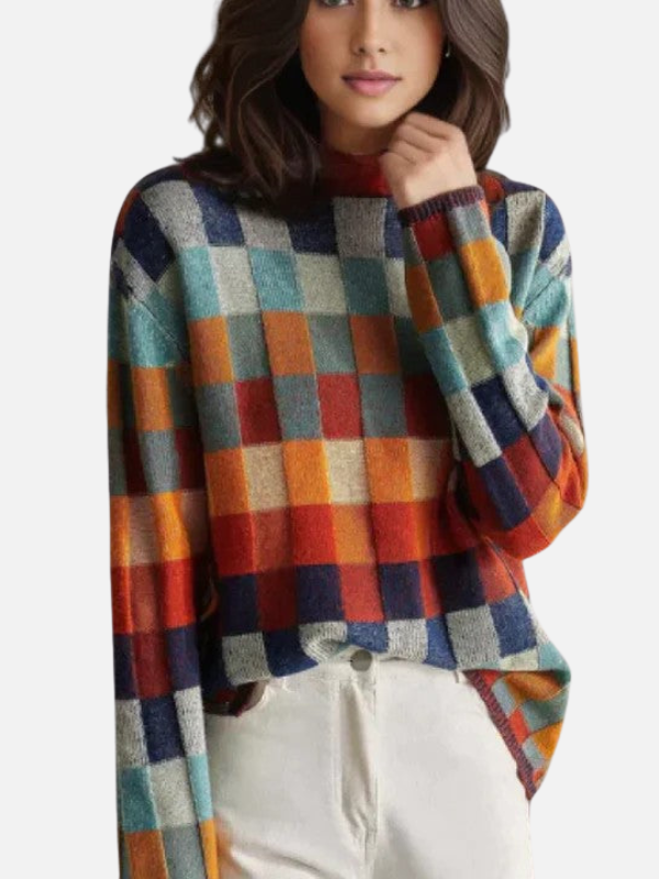 Maria | Farverig Ternet Strik Sweater med Høj Hals