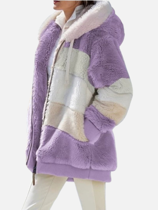 Pia | Fluffy Teddyjakke med Hætte & Patchwork