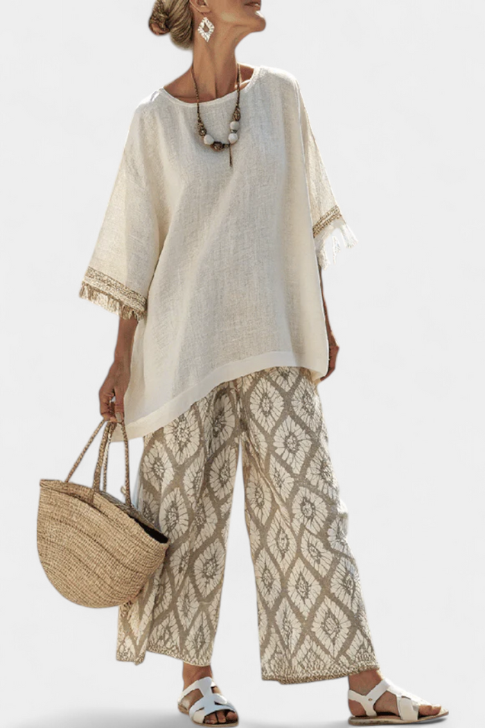 Susanne | Geometrisk Print Bukser & Linned Top Sæt