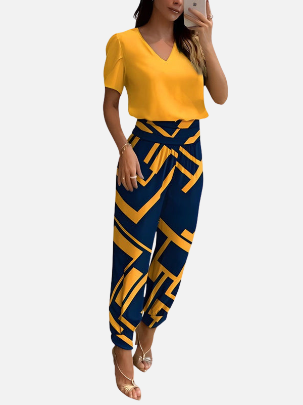 Karen | Geometrisk Print Bukser & V-Hals Top Sæt