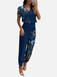 Karen | Geometrisk Print Bukser & V-Hals Top Sæt