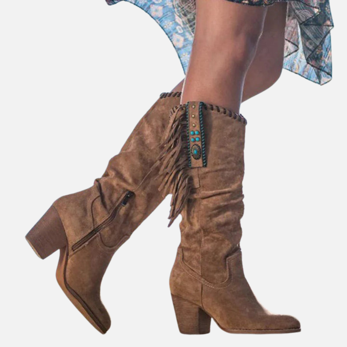 Pia | Knæhøje Frynsestøvler, Boho Cowboystøvler