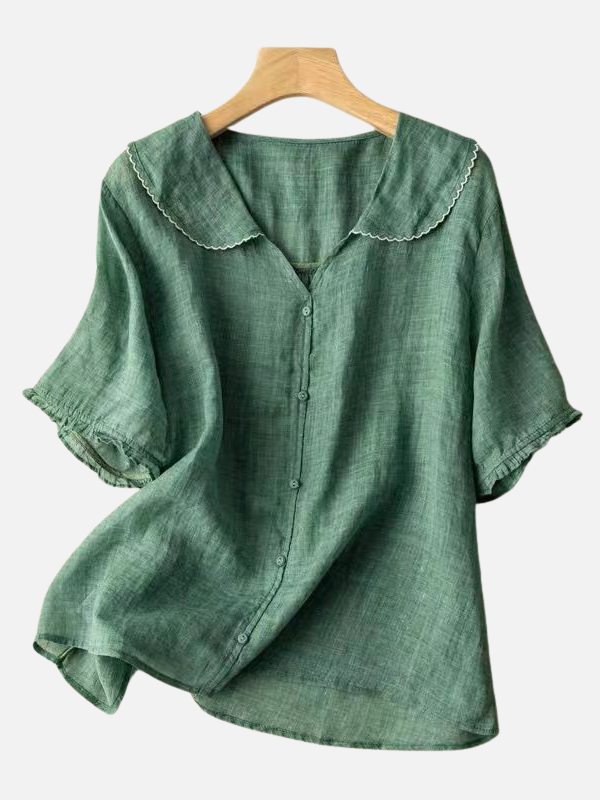 Anna | Kortærmet Bluse med Babykrave og Knapper