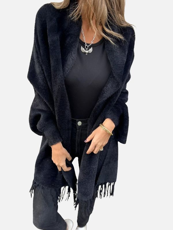 Kirsten | Lang Fluffy Cardigan – Poncho med Frynser