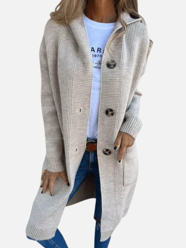 Hanne | Lang Ribstrik Cardigan med Hætte