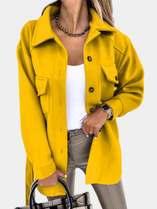 Lene | Lang Uld-look Shacket med Krave & Lommer