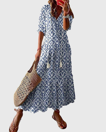 Hanne | Mønstret Boho Maxikjole med V-Hals