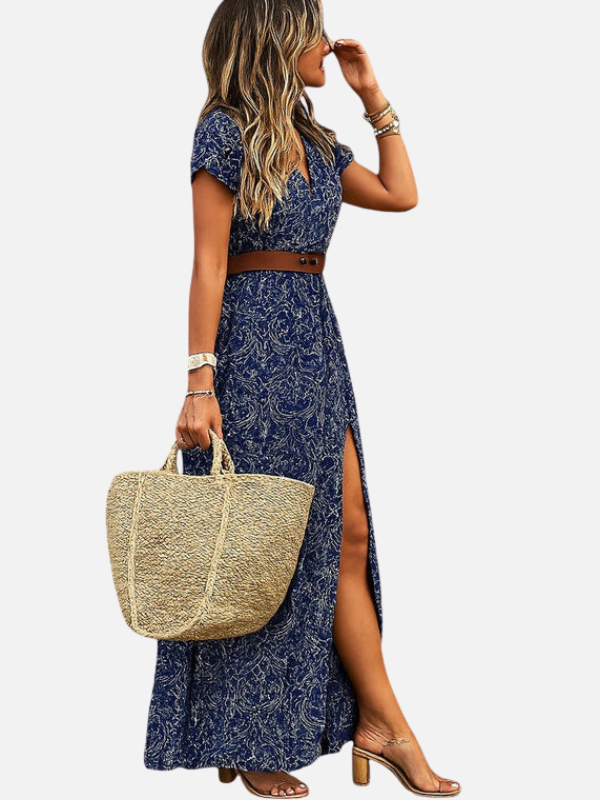 Lone | Mønstret Maxikjole med V-Hals, Boho Sommer