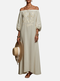 Mette | Off-Shoulder Maxikjole med Broderi, Boho