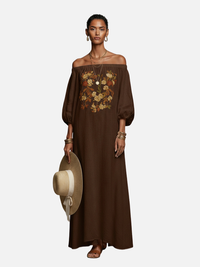 Mette | Off-Shoulder Maxikjole med Broderi, Boho