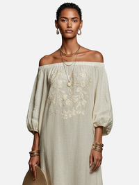 Mette | Off-Shoulder Maxikjole med Broderi, Boho