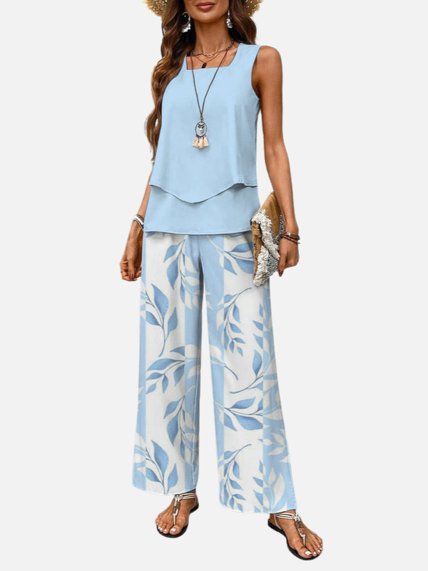 Anna | Sæt med Top og Mønstrede Vide Bukser