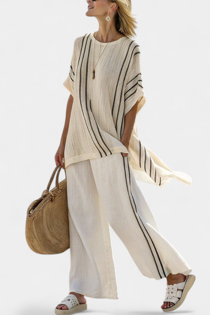Anna | Stribet Linned Sæt – Bluse & Vide Bukser